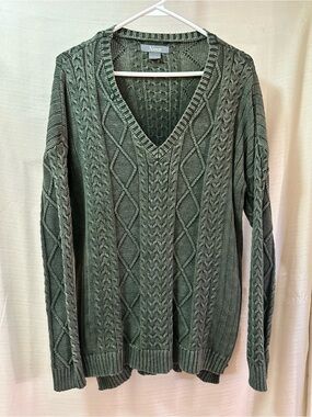 Natural Reflections Cable Knit V Neck Pullover Sweater Olive Green Women’s L